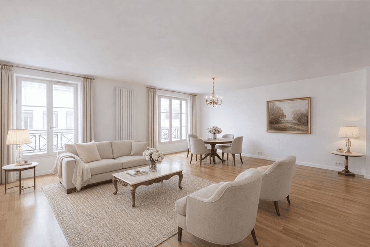 Salon meublé et décoré après IA